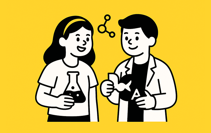 Dos estudiantes realizan un experimento científico; uno sostiene un matraz y el otro una figura de ADN, representando las ciencias naturales como física, química y biología.