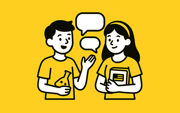 Dos estudiantes conversan con globos de diálogo, representando la comunicación y el aprendizaje de lenguas extranjeras.