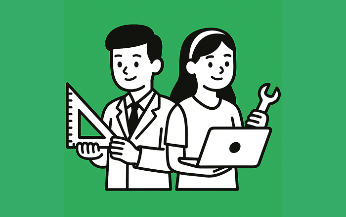 Dos estudiantes con herramientas y un computador portátil, uno sostiene una escuadra y viste bata de trabajo, simbolizando la formación profesional y técnica.