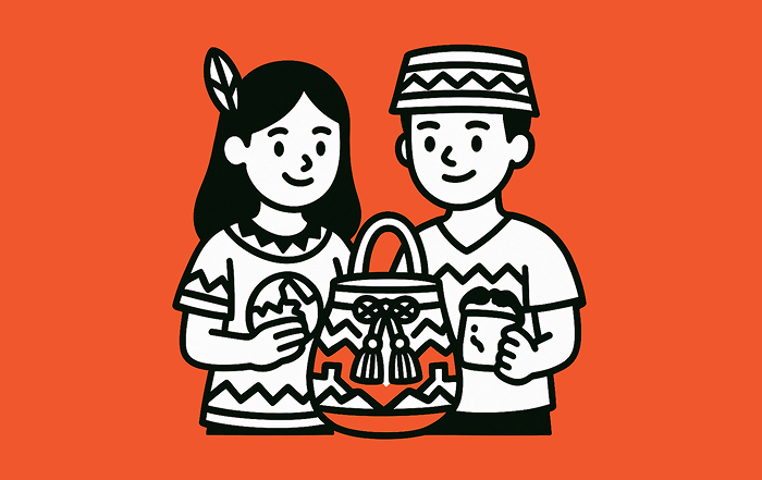 Dos estudiantes con vestimenta tradicional y elementos culturales como una mochila tejida, representando la diversidad étnica y la etnoeducación.