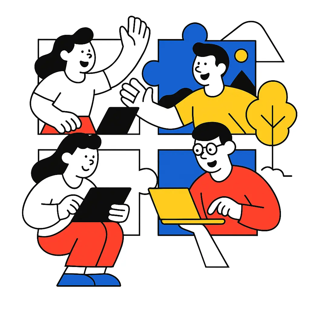 Ilustración de varias personas en diferentes entornos usando dispositivos digitales, representadas como piezas de un rompecabezas para simbolizar aprendizaje remoto y conectado desde cualquier lugar.