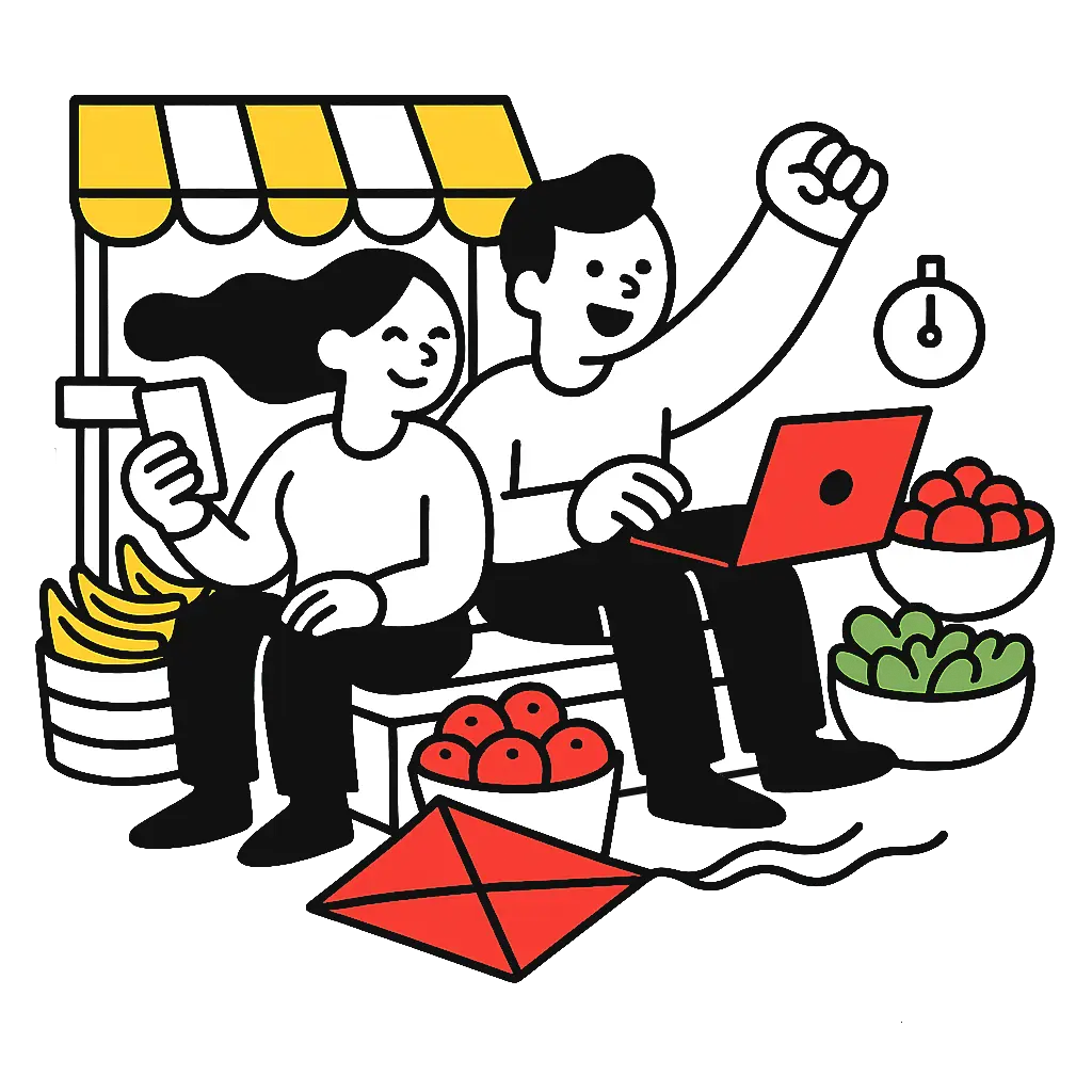 “Ilustración de dos jóvenes en un puesto de frutas de una plaza de mercado mientras usan un celular y un portátil, simbolizando que pueden acceder a contenidos educativos desde cualquier lugar.