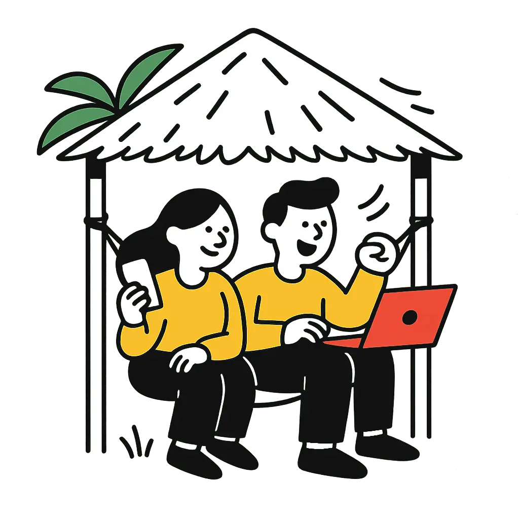 “Ilustración de dos jóvenes en un puesto de frutas de una plaza de mercado mientras usan un celular y un portátil, simbolizando que pueden acceder a contenidos educativos desde cualquier lugar.