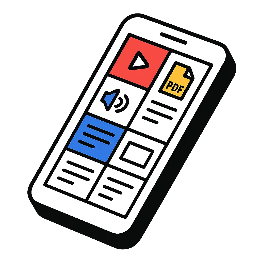 Ícono de un teléfono móvil con una interfaz que representa explorar y seleccionar un contenido.